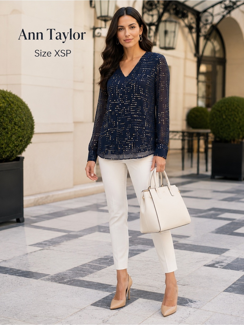 Ann Taylor Petite XSP Navy Metallic Dot Sheer Sleeve Blouse